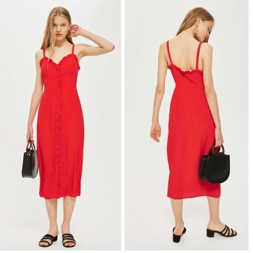TOPSHOP Red Ruffle Button Down Slipdress Sz 2